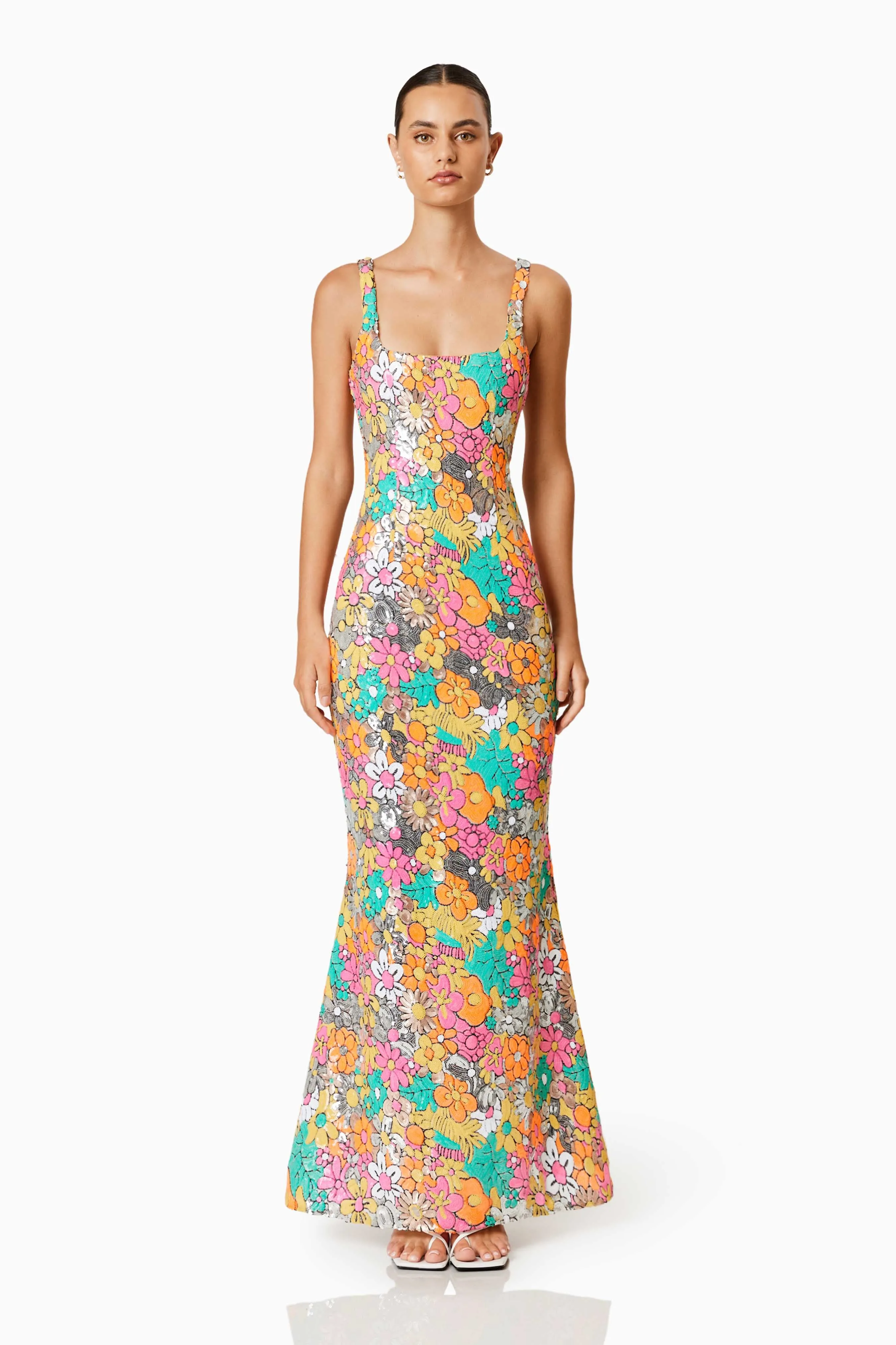 Tiki Floral Sequin Fitted Maxi Dress In Florals sold by Elliatt