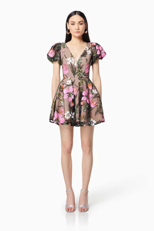 Stellar Floral Sequin Mini Dress In Brown sold by Elliatt