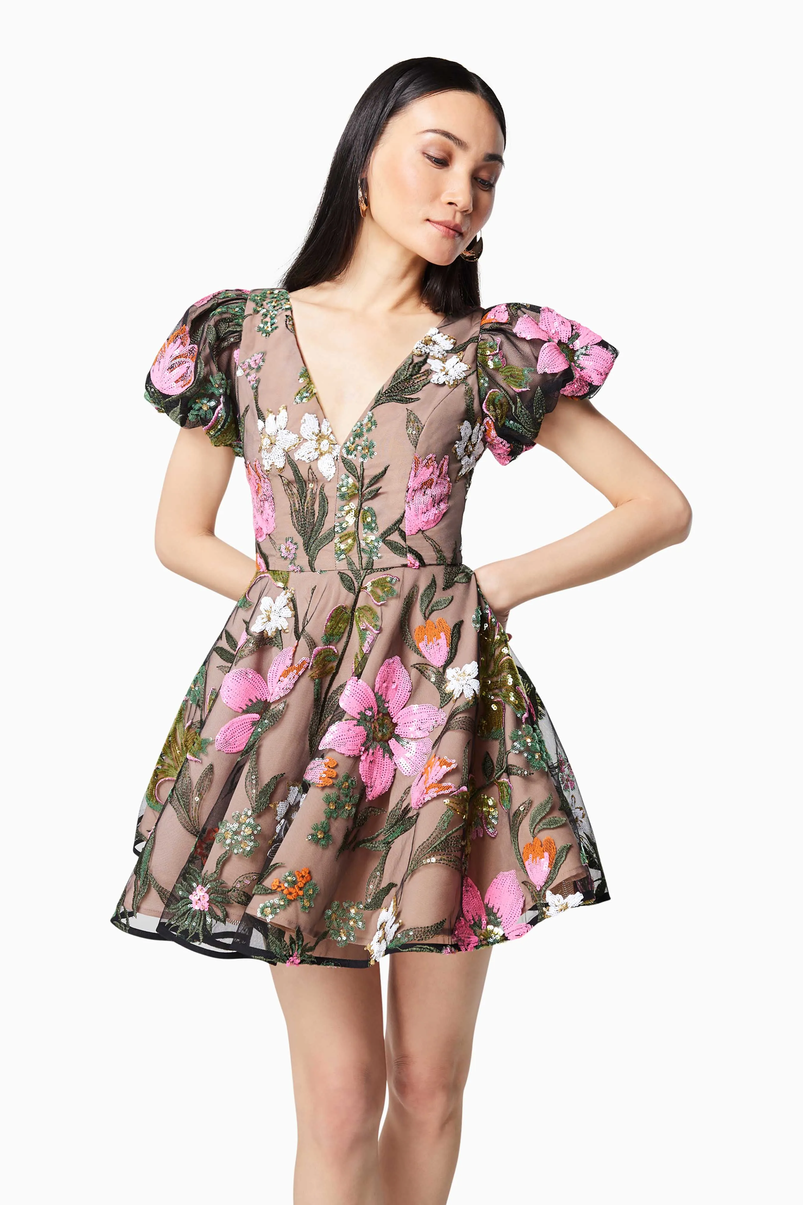 Stellar Floral Sequin Mini Dress In Brown sold by Elliatt product image thumbnail 2