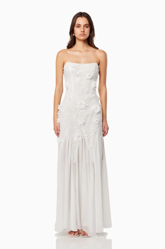 Evadne Strapless Maxi Gown In White sold by Elliatt