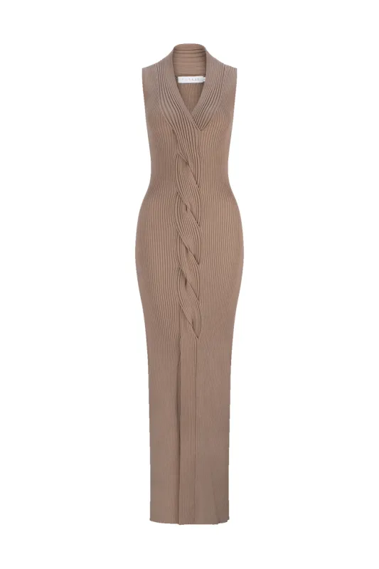 CURAAE Zoey Ribbed V Neck Braided Knit Sleeveless Midi Dress In Tan made by Elliatt