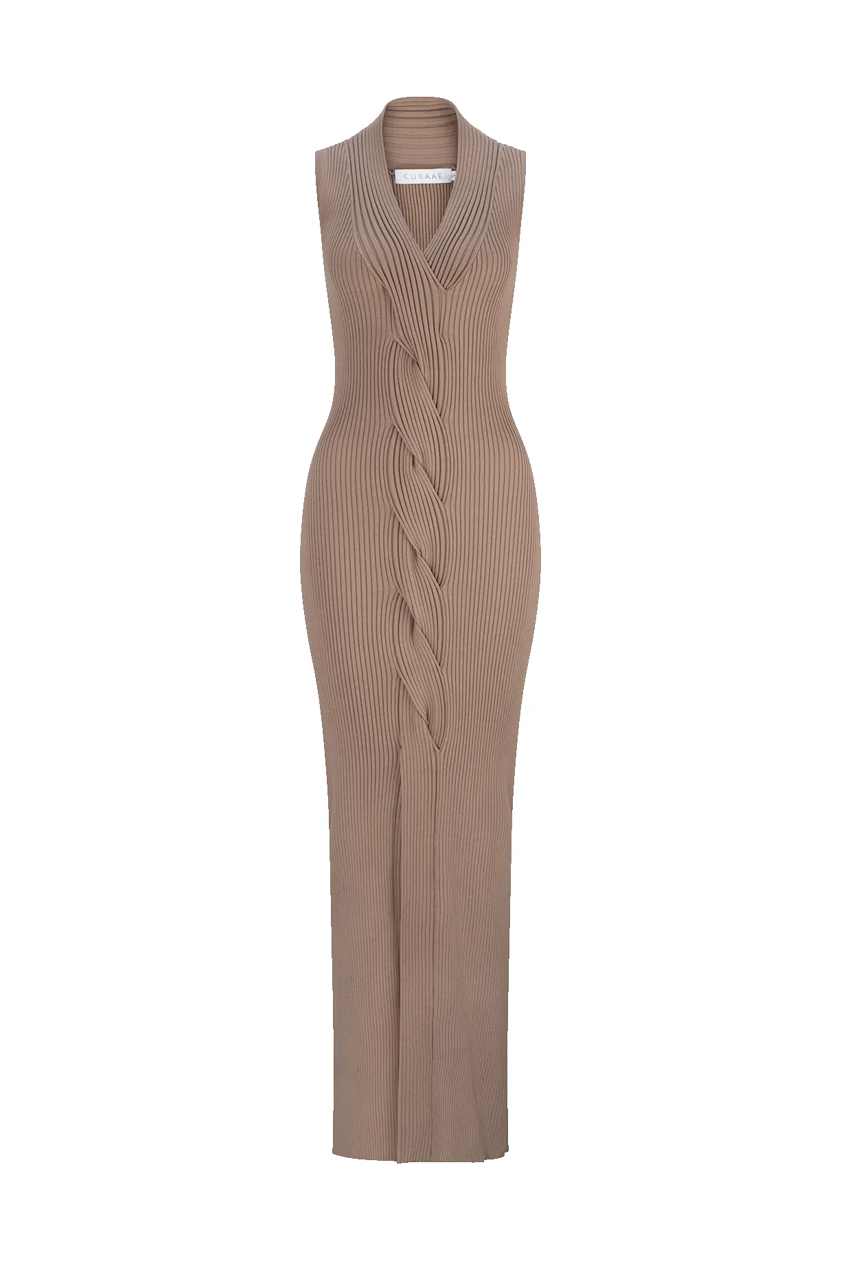 CURAAE Zoey Ribbed V Neck Braided Knit Sleeveless Midi Dress In Tan sold by Elliatt