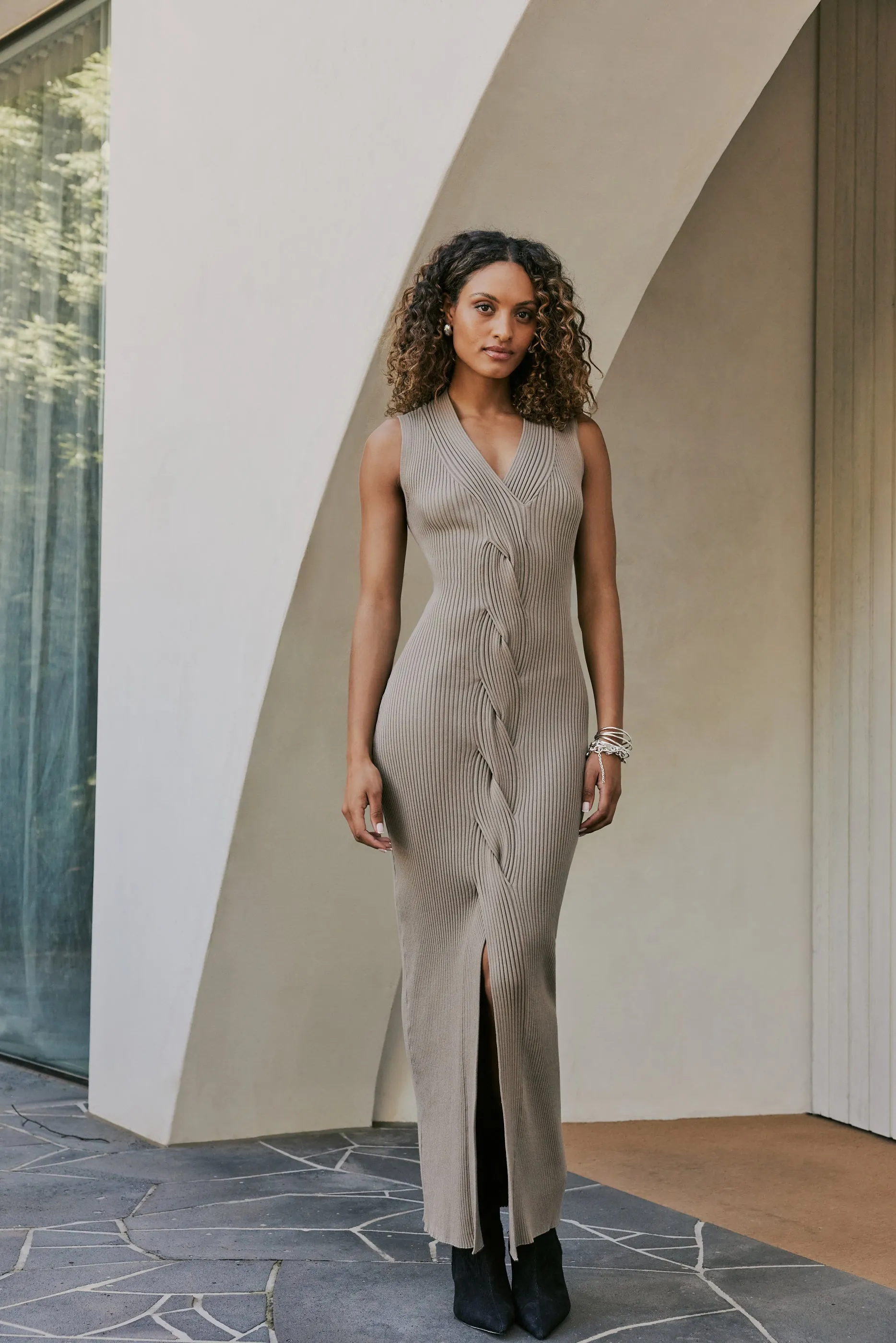 CURAAE Zoey Ribbed V Neck Braided Knit Sleeveless Midi Dress In Tan sold by Elliatt product image thumbnail 2