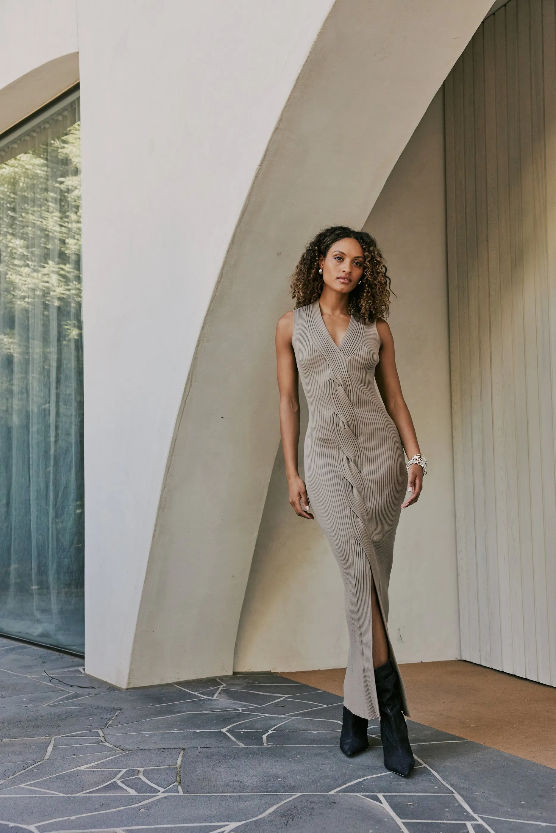 CURAAE Zoey Ribbed V Neck Braided Knit Sleeveless Midi Dress In Tan sold by Elliatt product image thumbnail 3