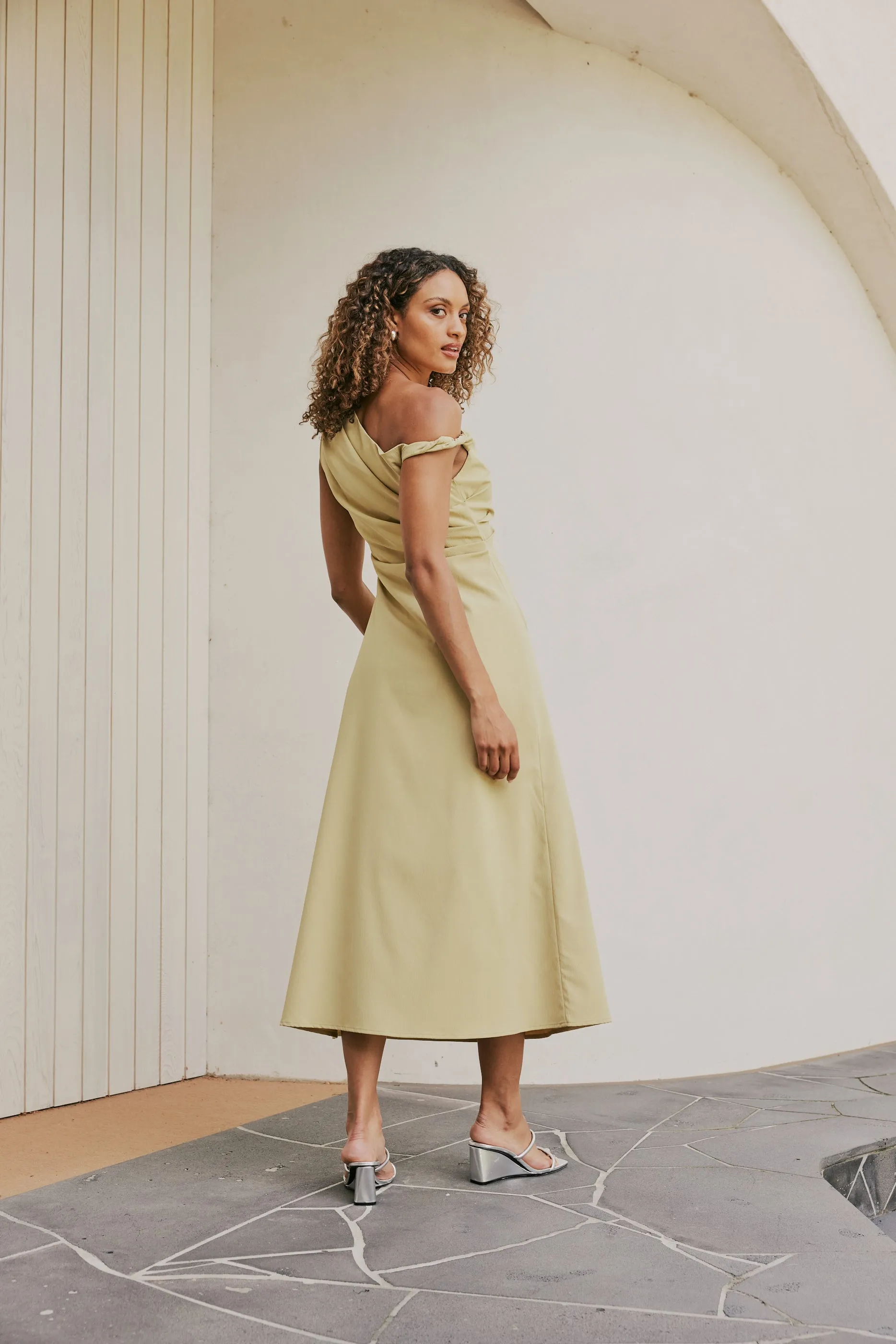 CURAAE Elenor Asymmetrical Summer Midi Dress In Olive sold by Elliatt product image thumbnail 4