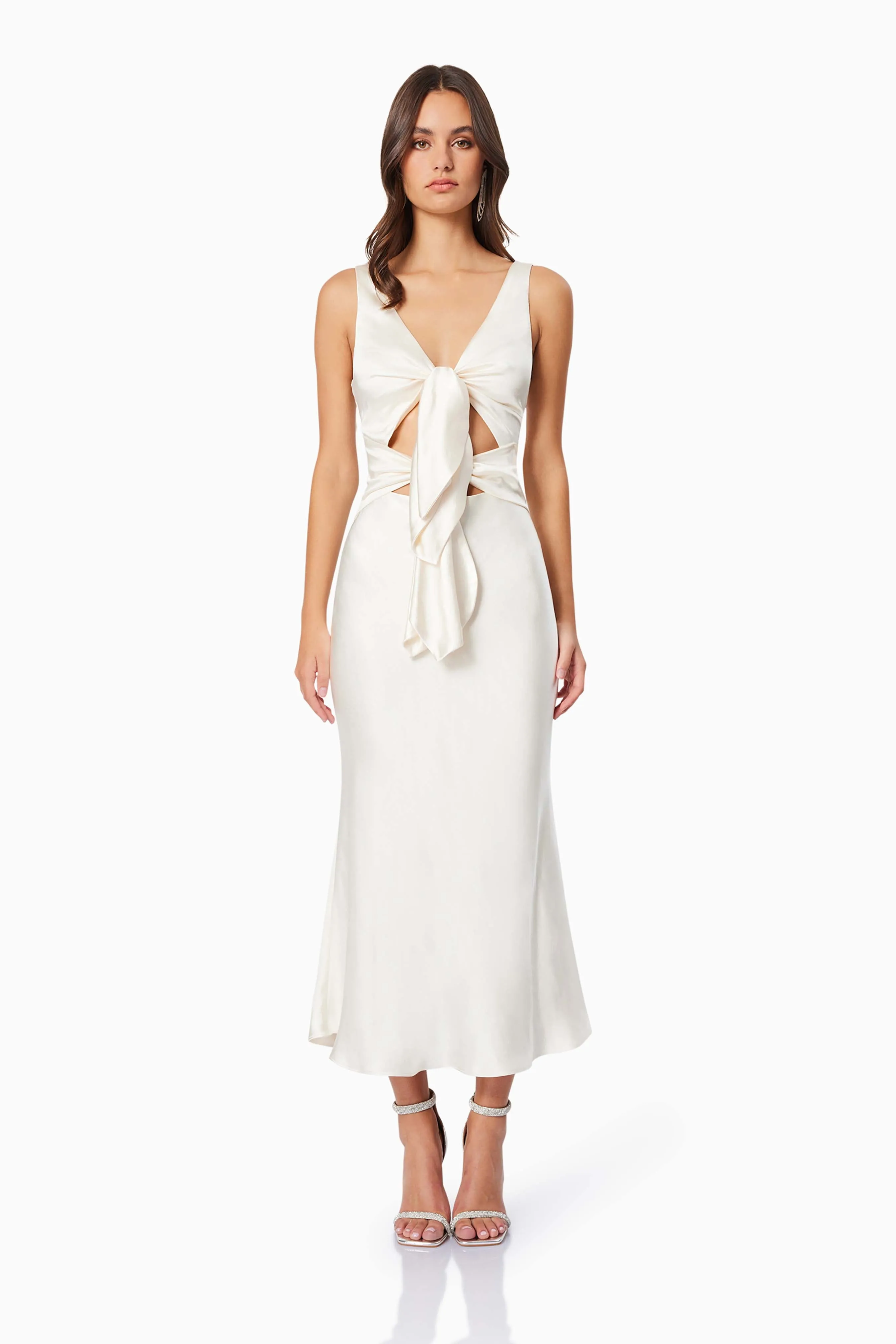 Faith Front Tie Midi Dress in White sold by Elliatt