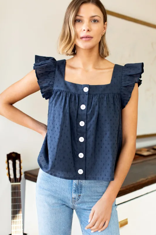 Laurent Flutter Top - Swiss Dot Midnight Organic sold by Emerson Fry