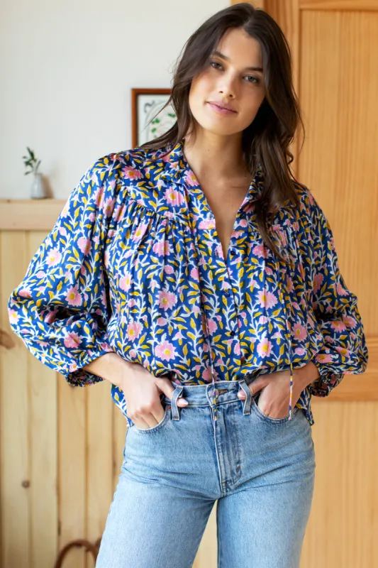 Emmaline Blouse - Blue Chrysanthemum Satin sold by Emerson Fry