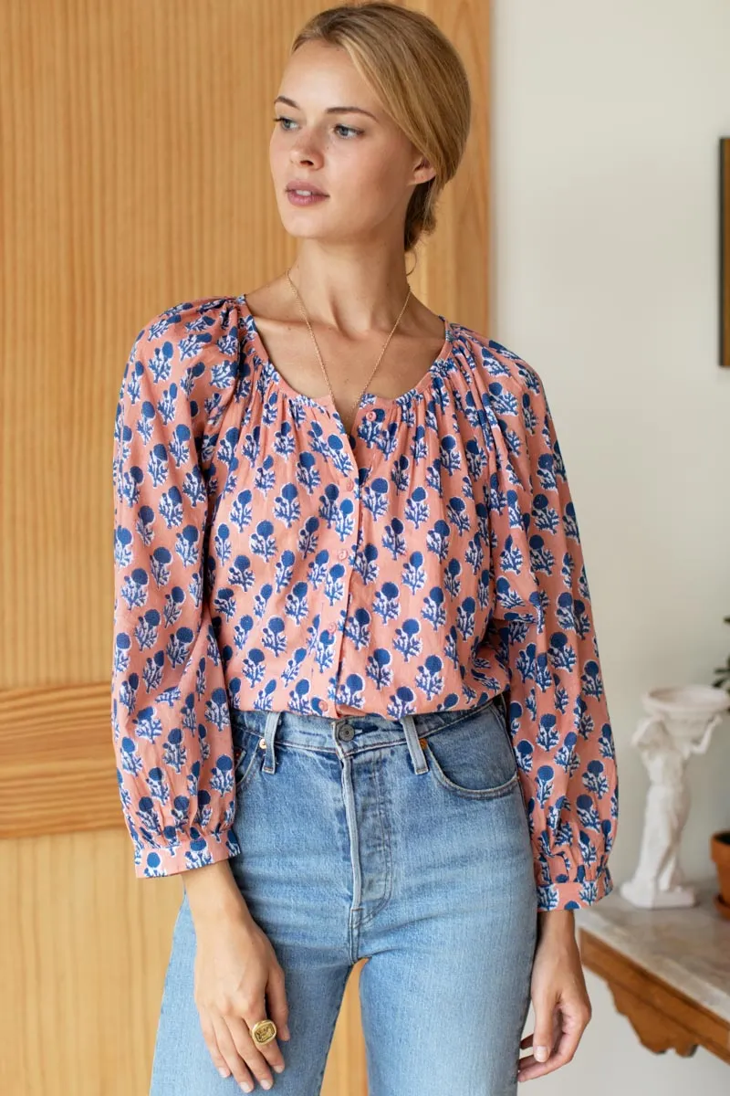Frances Blouse - Little Marigolds Apple + Blue Organic sold by Emerson Fry