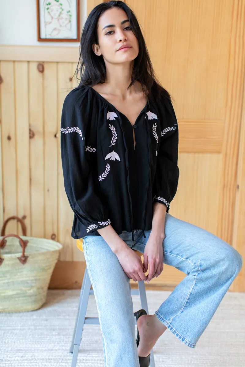 Lucy Dove Embroidery Blouse - Black Flax Voile sold by Emerson Fry