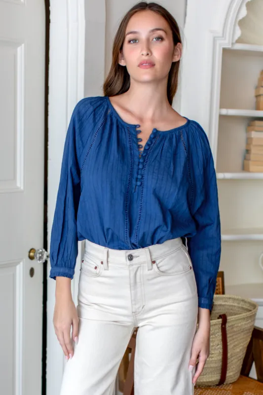 Lucy Heirloom Blouse - Indigo Cotton Dobby Organic sold by Emerson Fry