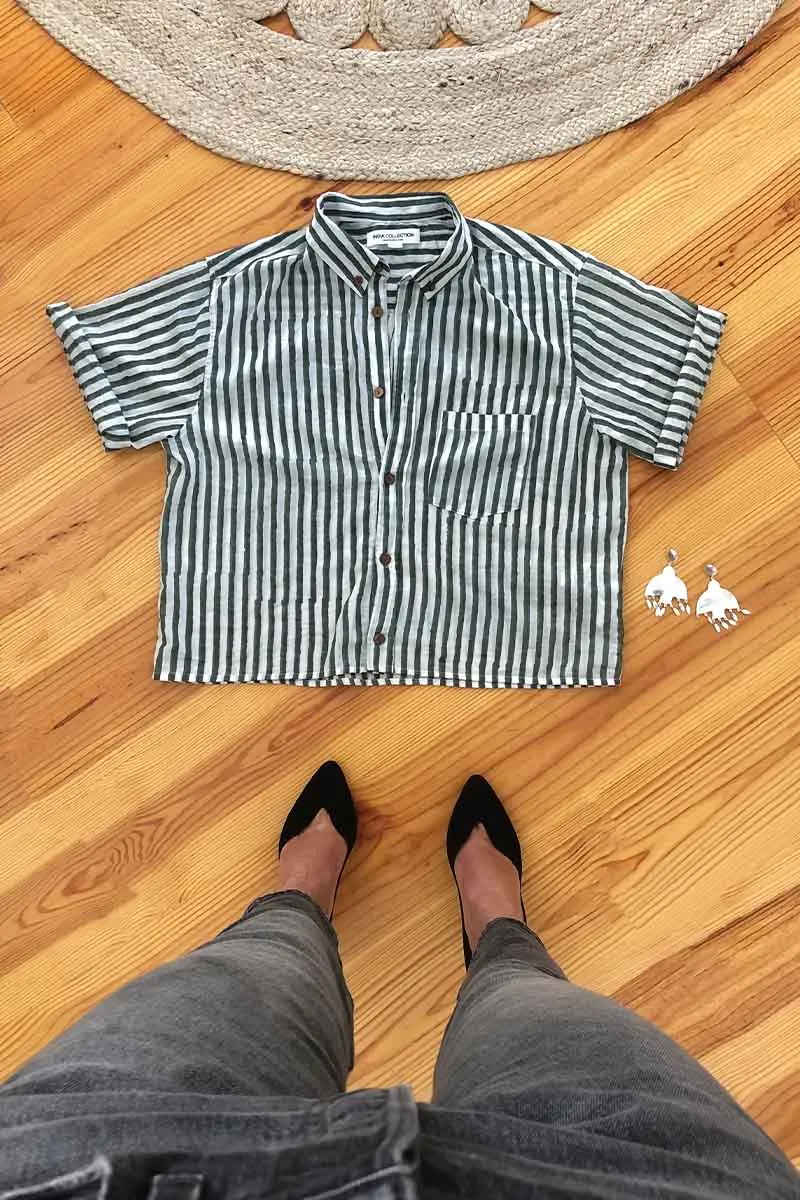 Boxy Shirt - Moss Stripe Lightweight Cotton Organic sold by Emerson Fry product image thumbnail 4