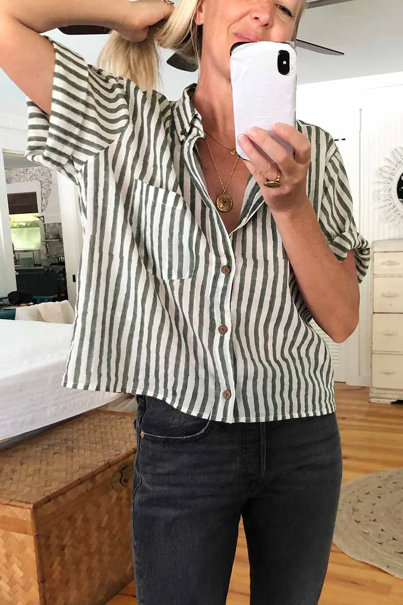 Boxy Shirt - Moss Stripe Lightweight Cotton Organic sold by Emerson Fry product image thumbnail 2