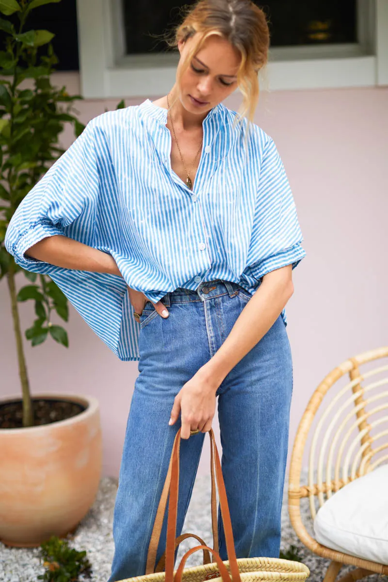 Mandarin Collar Top - Sunday Stripe Bluesy Organic sold by Emerson Fry