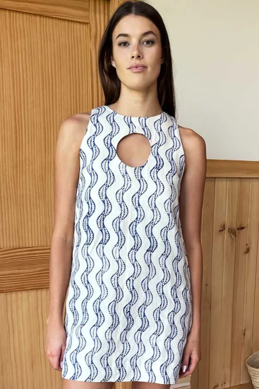 Keyhole Shift Dress - Indigo Vine Wave Linen sold by Emerson Fry