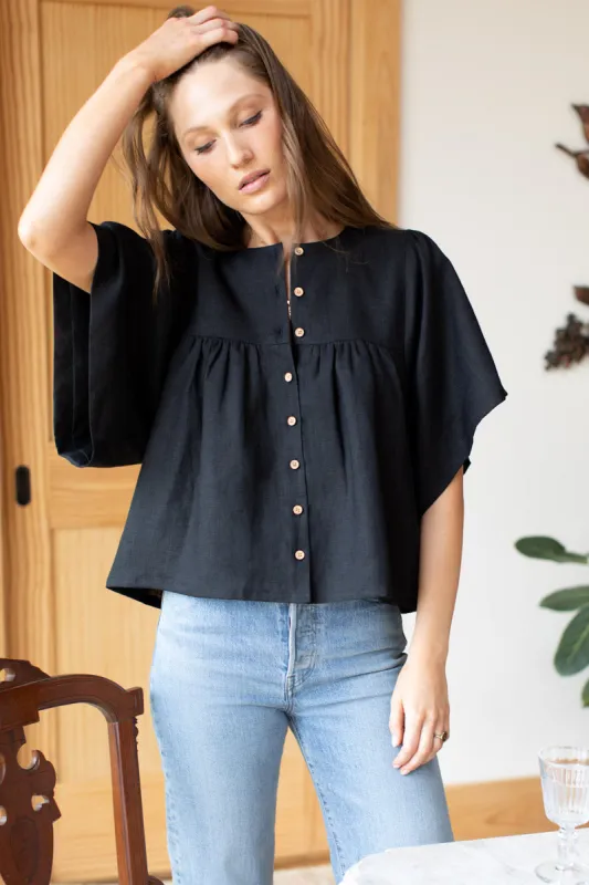 Marion Button Blouse - Black Linen sold by Emerson Fry