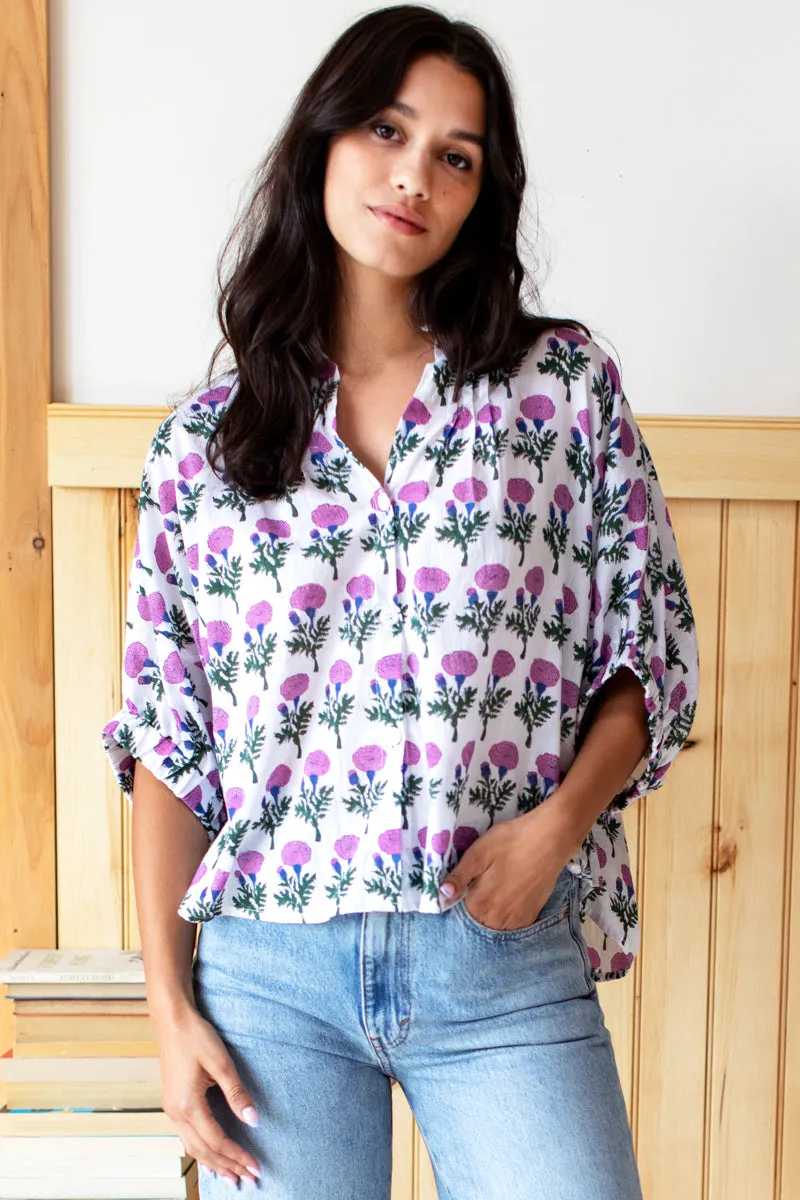 Mandarin Collar Top - Big Marigolds Purple Organic sold by Emerson Fry product image thumbnail 3