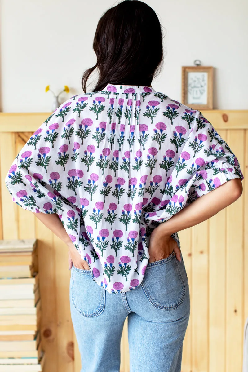 Mandarin Collar Top - Big Marigolds Purple Organic sold by Emerson Fry product image thumbnail 5