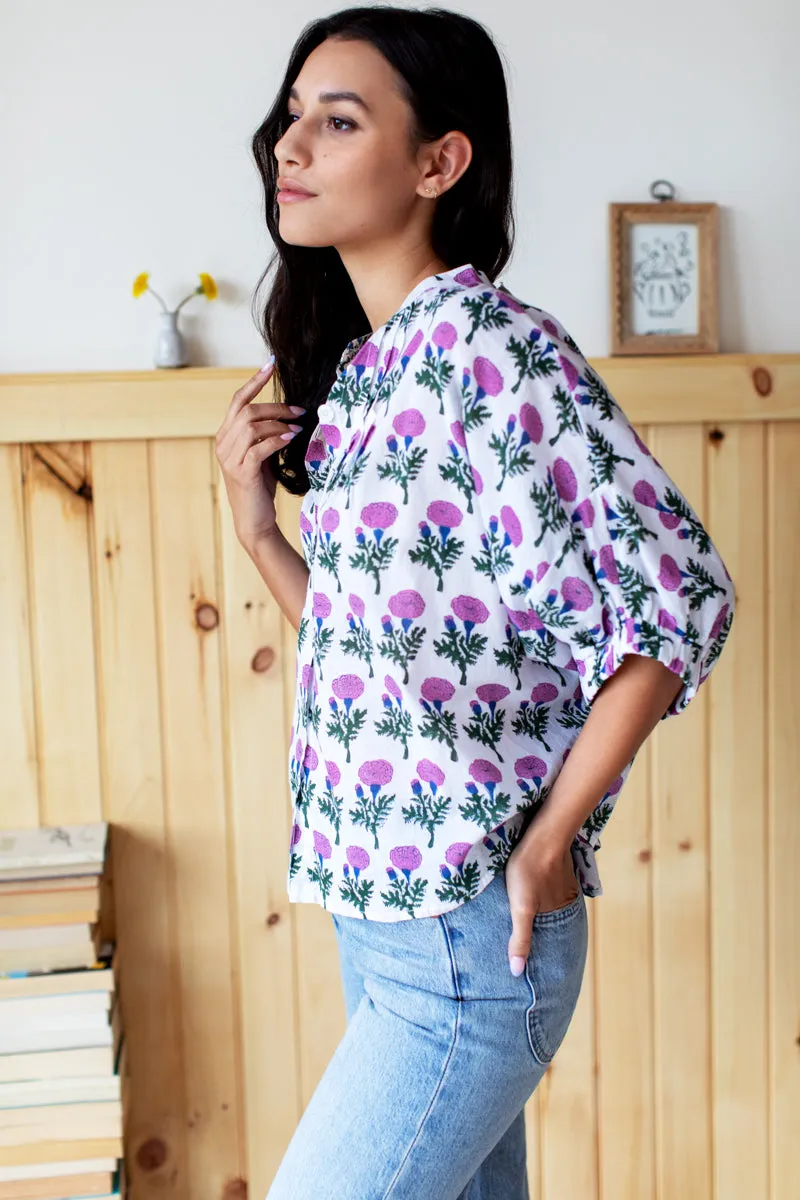 Mandarin Collar Top - Big Marigolds Purple Organic sold by Emerson Fry product image thumbnail 4