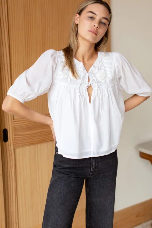 Embroidered Puff Isla Top - White Peony Organic sold by Emerson Fry