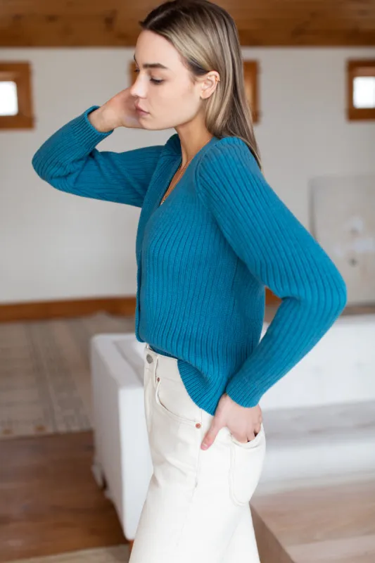 Low V Neck Cardigan - Peacock Blue Organic made by Emerson Fry