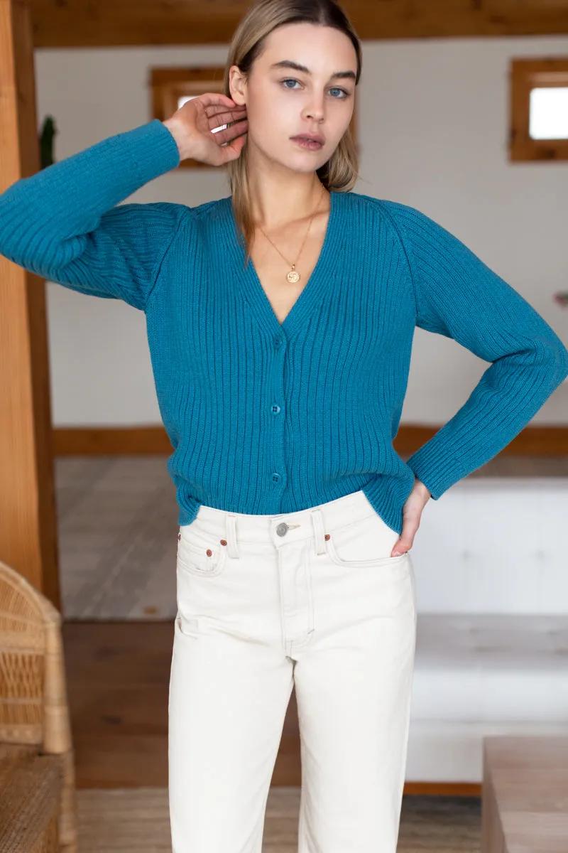 Low V Neck Cardigan - Peacock Blue Organic sold by Emerson Fry product image thumbnail 2