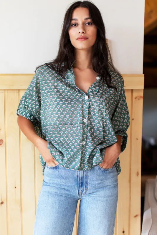 Mandarin Collar Top - Day Flowers Juniper Organic sold by Emerson Fry