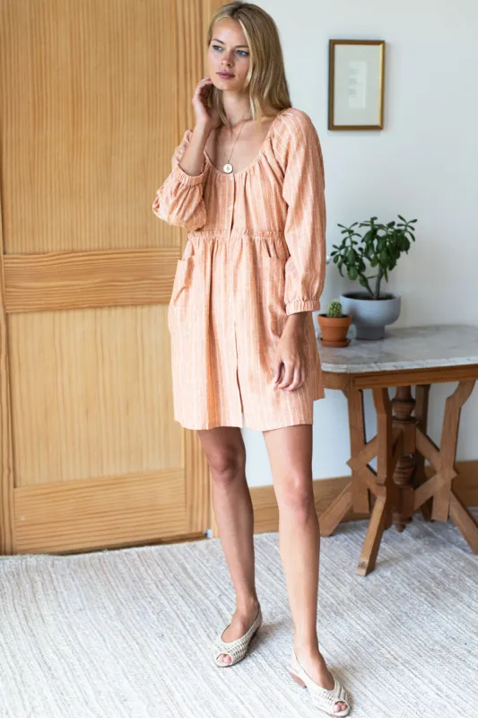 Jasmine Button Dress - Clay Hemp Stripe Organic sold by Emerson Fry