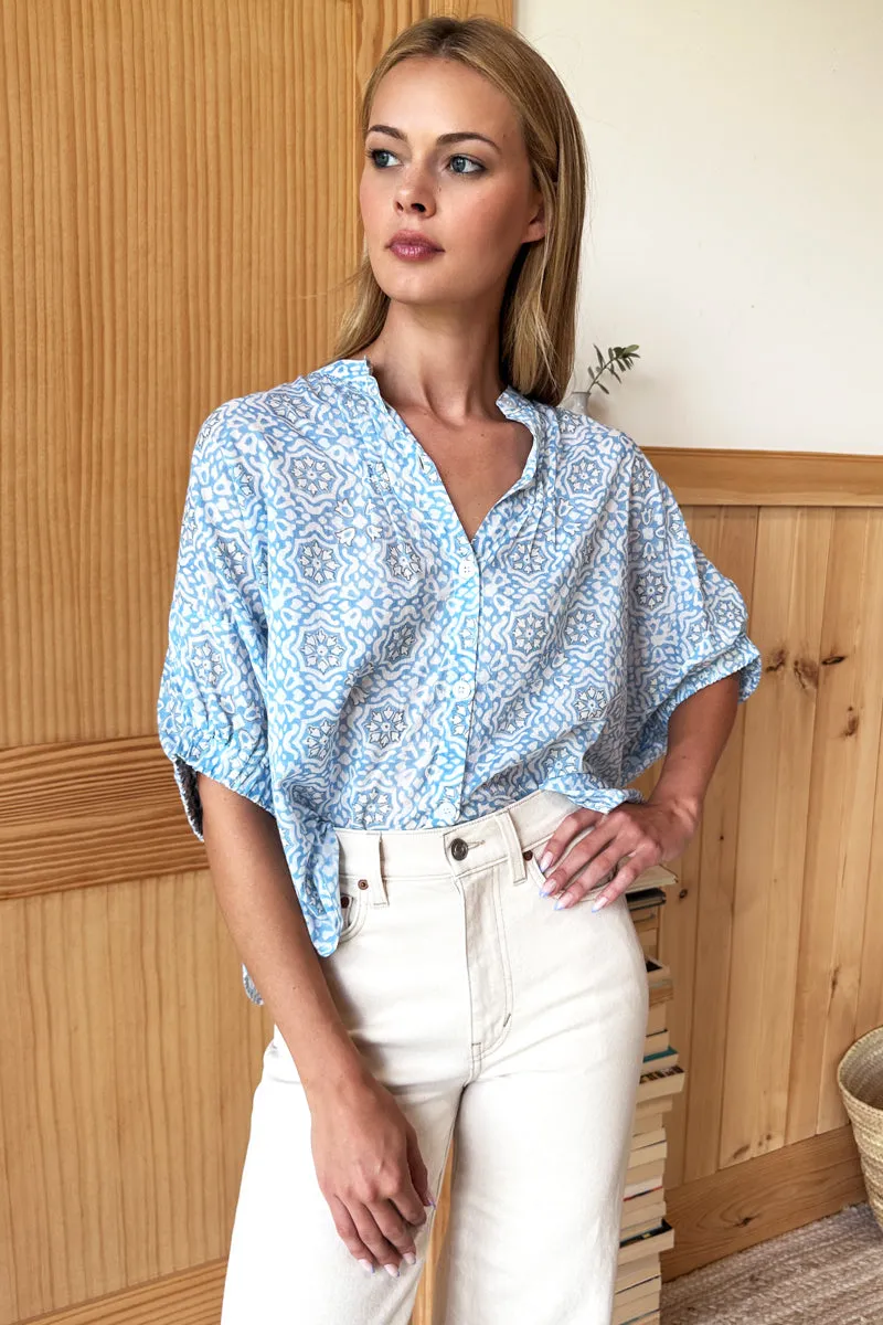 Mandarin Collar Top - Geo Flower Blue Organic sold by Emerson Fry product image thumbnail 2