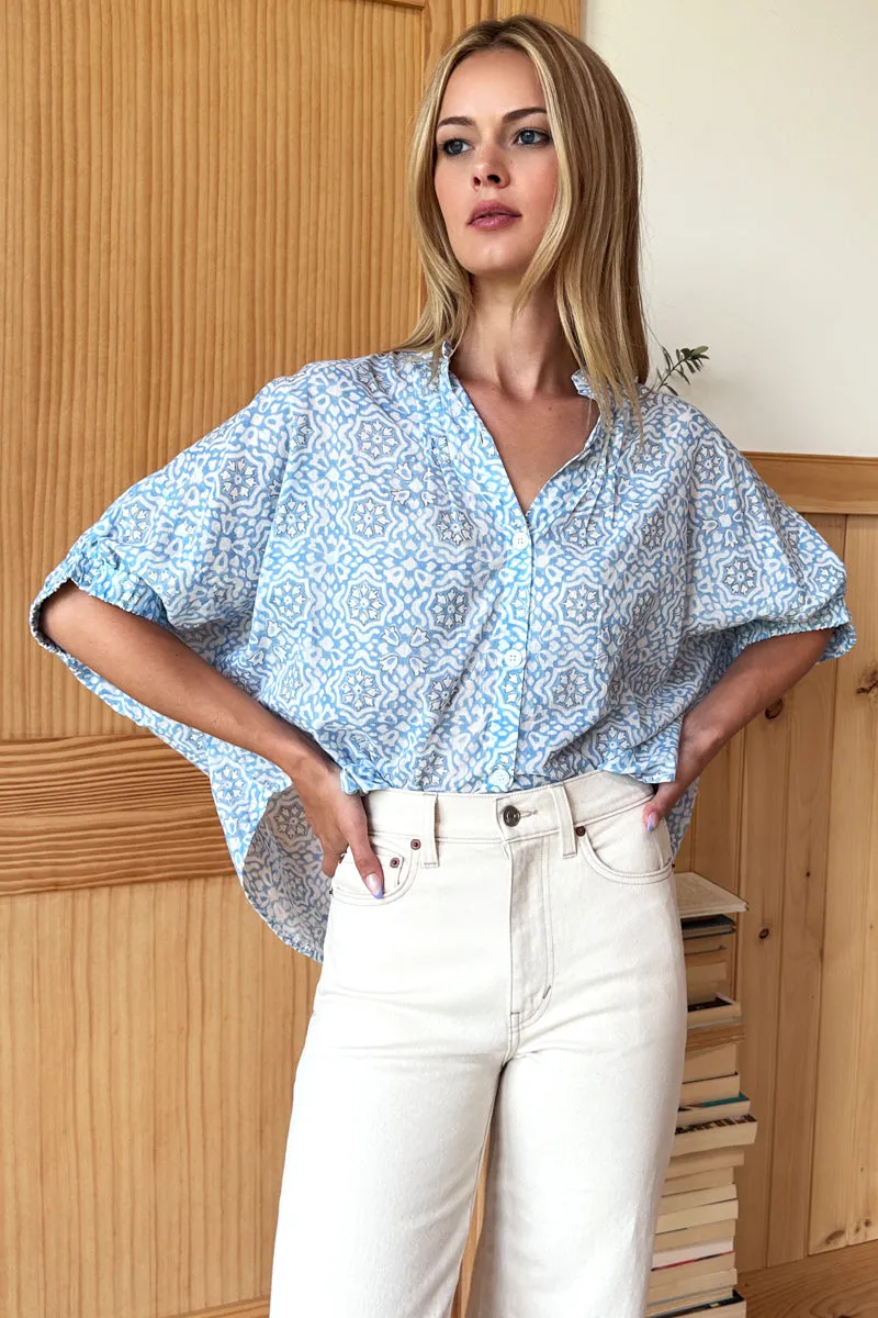 Mandarin Collar Top - Geo Flower Blue Organic sold by Emerson Fry