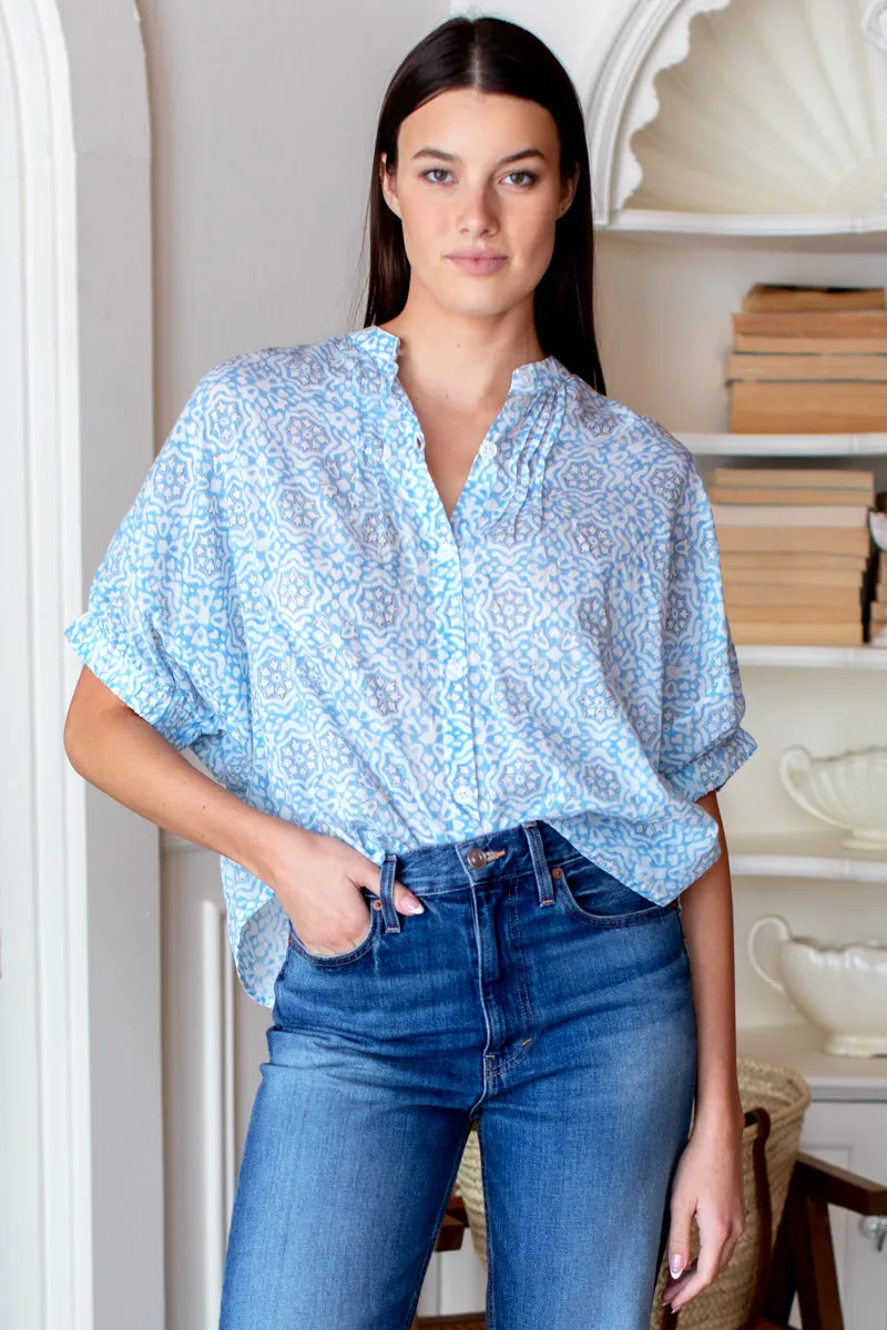 Mandarin Collar Top - Geo Flower Blue Organic sold by Emerson Fry product image thumbnail 4
