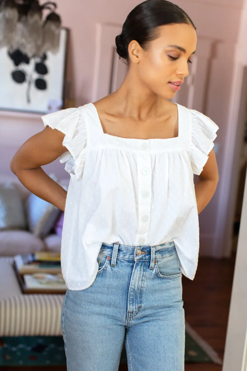 Laurent Flutter Top - Swiss Dot White Organic sold by Emerson Fry