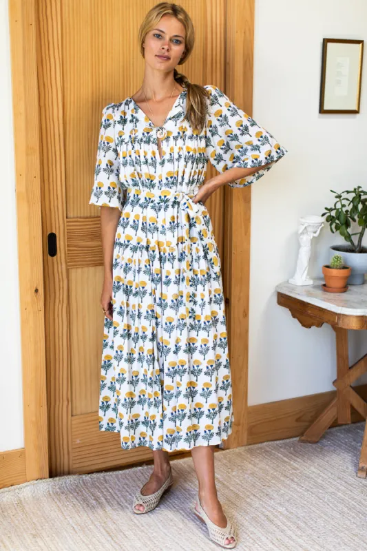 Puff Isla Maxi Dress - Big Marigolds White Organic made by Emerson Fry