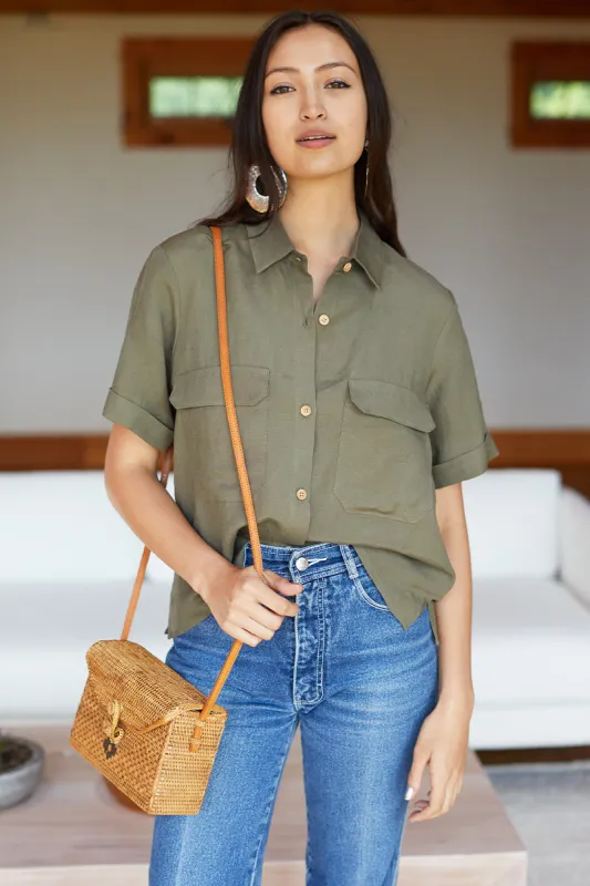 Short Sleeve Utility Shirt - Army Linen made by Emerson Fry