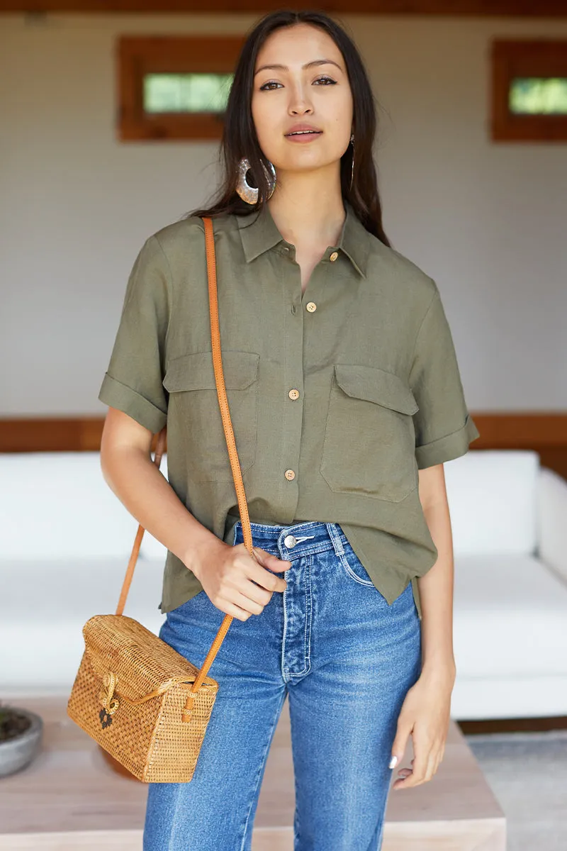 Short Sleeve Utility Shirt - Army Linen sold by Emerson Fry