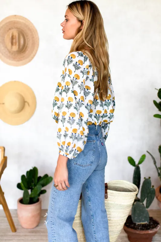 Lucy Blouse - Big Marigolds White Organic sold by Emerson Fry