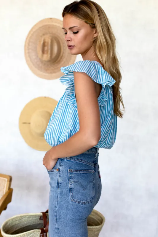 Laurent Flutter Top - Sunday Stripe Bluesy Organic sold by Emerson Fry