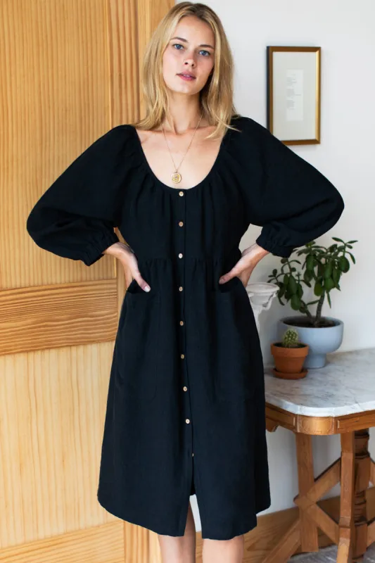 Jasmine Button Midi Dress - Black Linen made by Emerson Fry