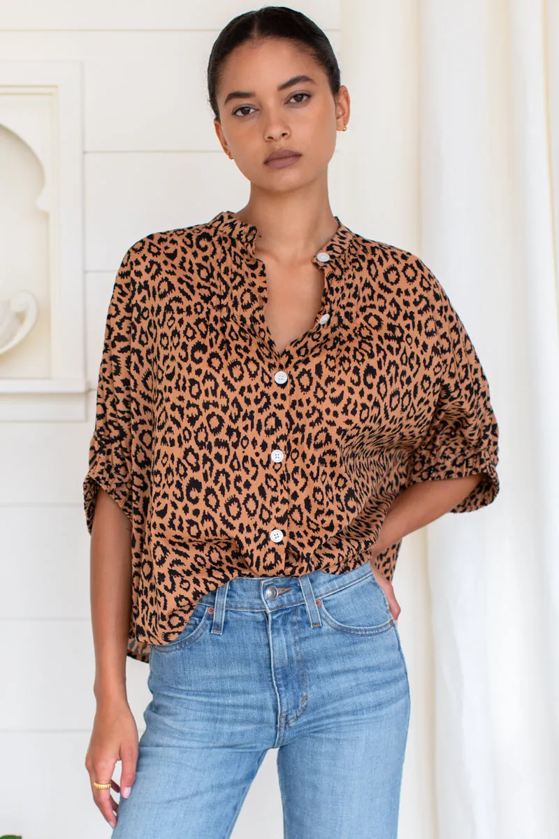 Mandarin Collar Top - Vintage Leopard Organic sold by Emerson Fry