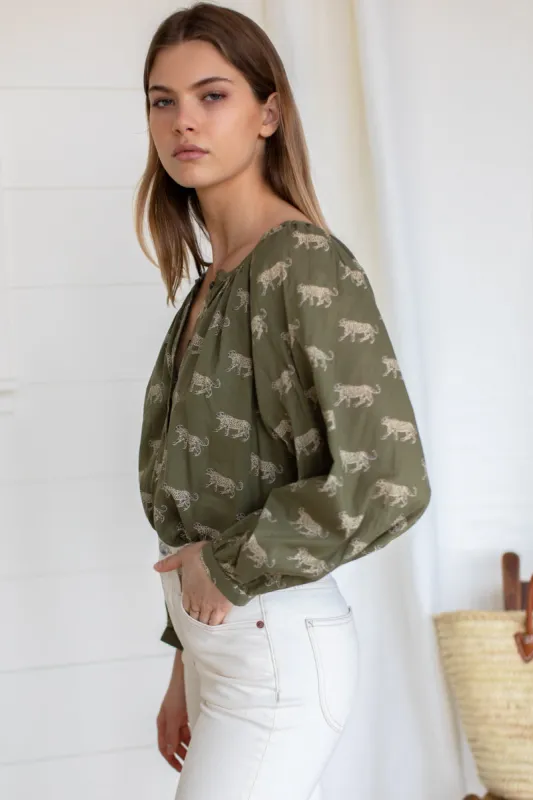Frances Blouse - Olive Cheetah Organic sold by Emerson Fry