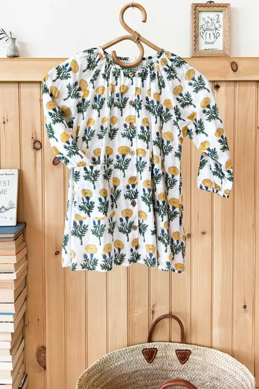 Little Fry Frankie Dress - Big Marigolds White Organic sold by Emerson Fry