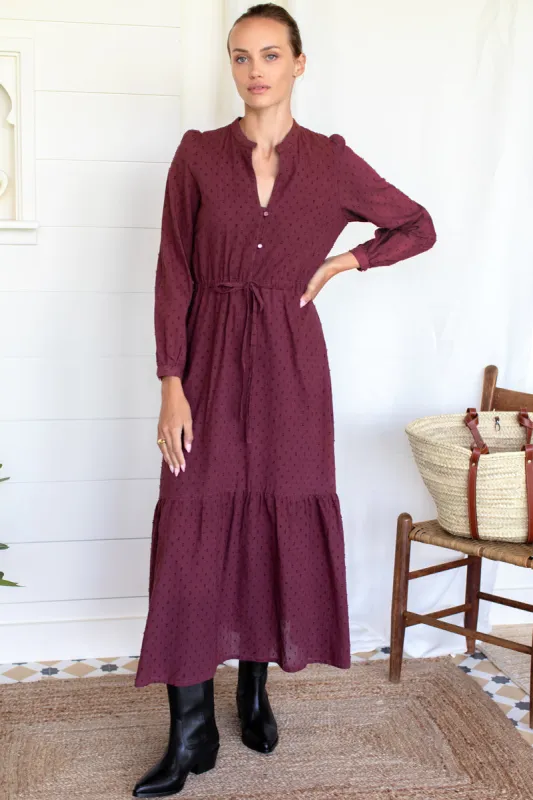 Frances 3 Dress - Burgandy Swiss Dot Organic sold by Emerson Fry