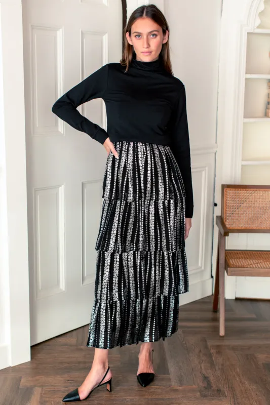 Ruffle Midi Skirt - Black + Silver sold by Emerson Fry