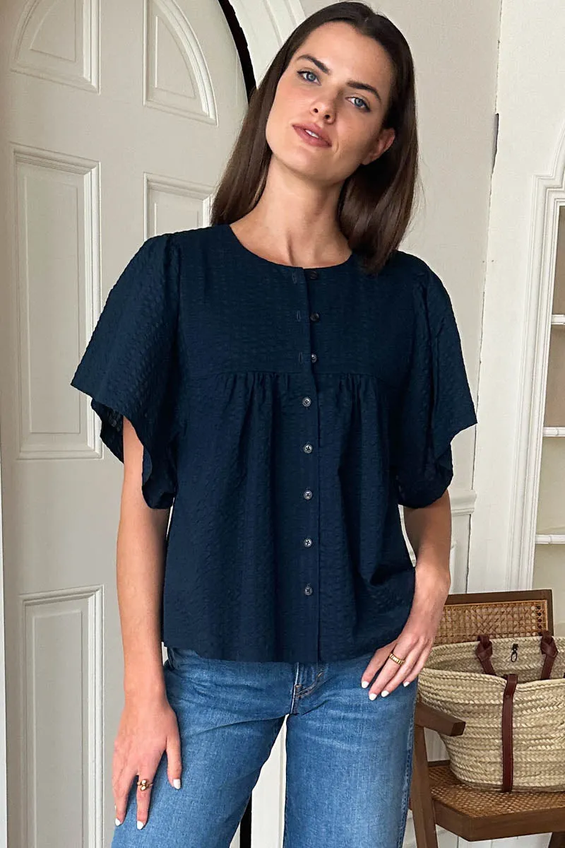 Marion Button Blouse - Navy Textured sold by Emerson Fry