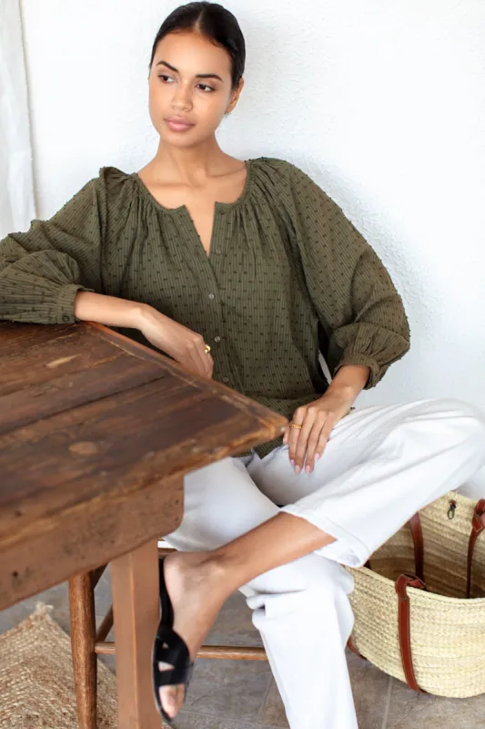 Frances Blouse - Stripe Swiss Dot Moss Organic sold by Emerson Fry