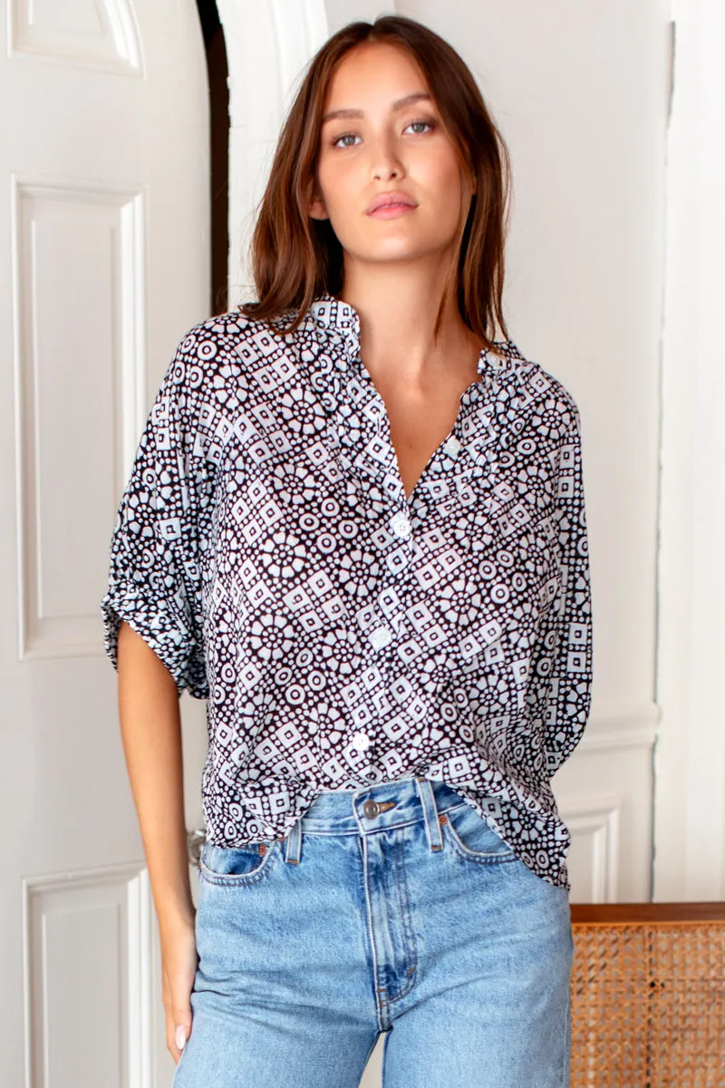 Mandarin Collar Top - Daisy Check Black Organic sold by Emerson Fry