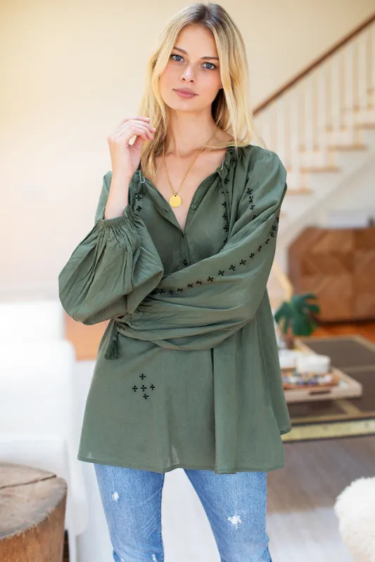 Bardot Top - Moss Embroidered sold by Emerson Fry