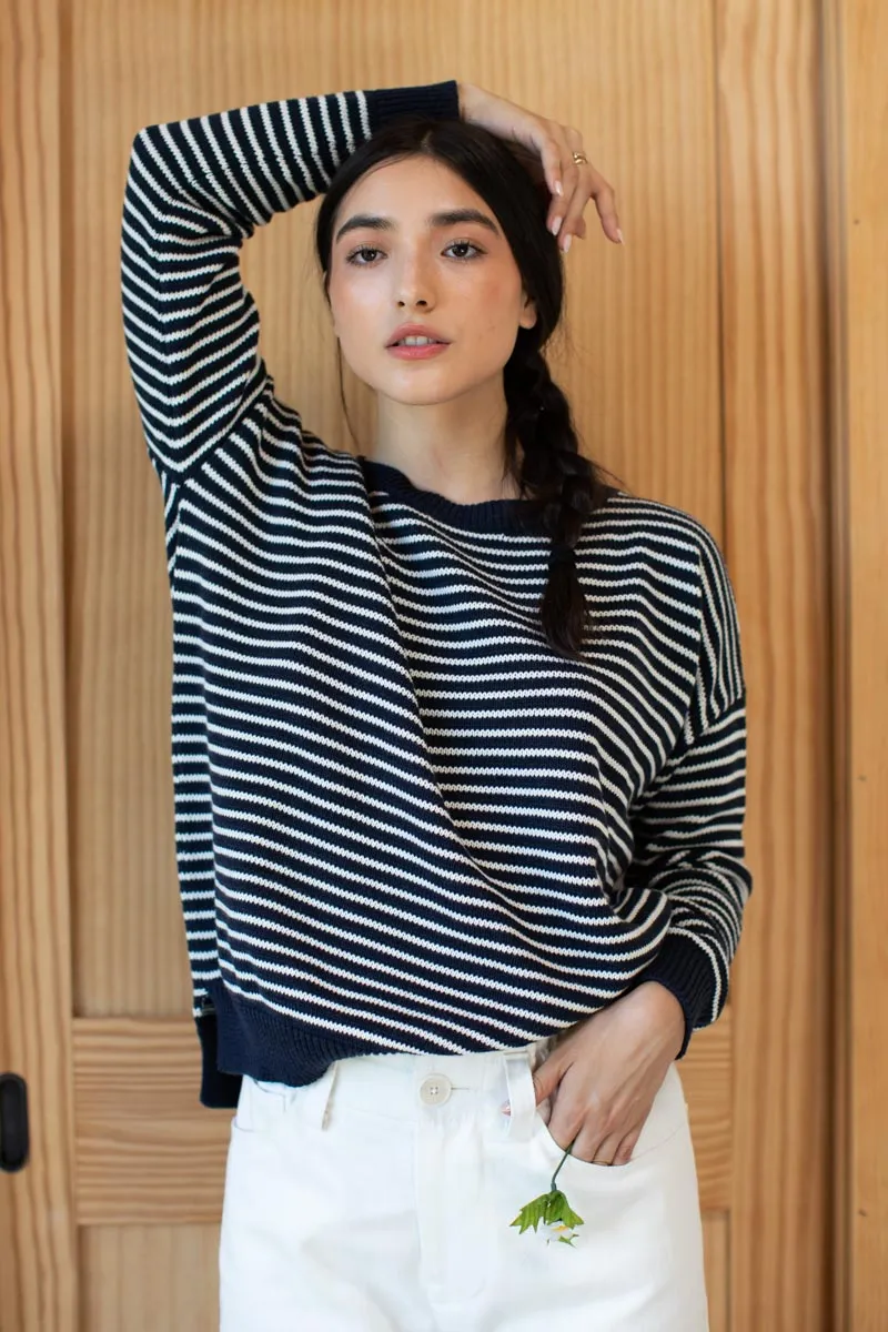Carolyn Sweater - Ivory Stripe Navy Organic sold by Emerson Fry