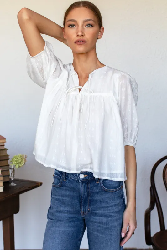 Puff Isla Top - White Cotton Dobby Jacquard sold by Emerson Fry