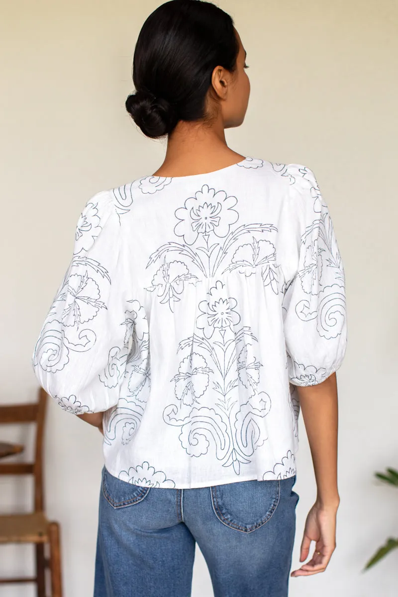 Puff Isla Top - Maeve Outline Indigo Linen sold by Emerson Fry product image thumbnail 3